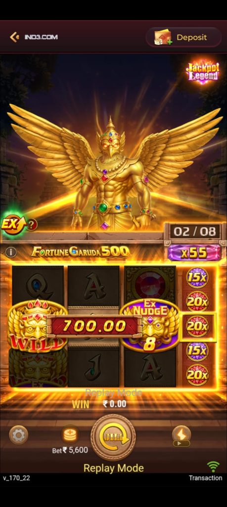 IND3 Game Fortune Garuda slot game screen featuring golden character artwork, multiplier symbols, reels and JILI gaming interface.