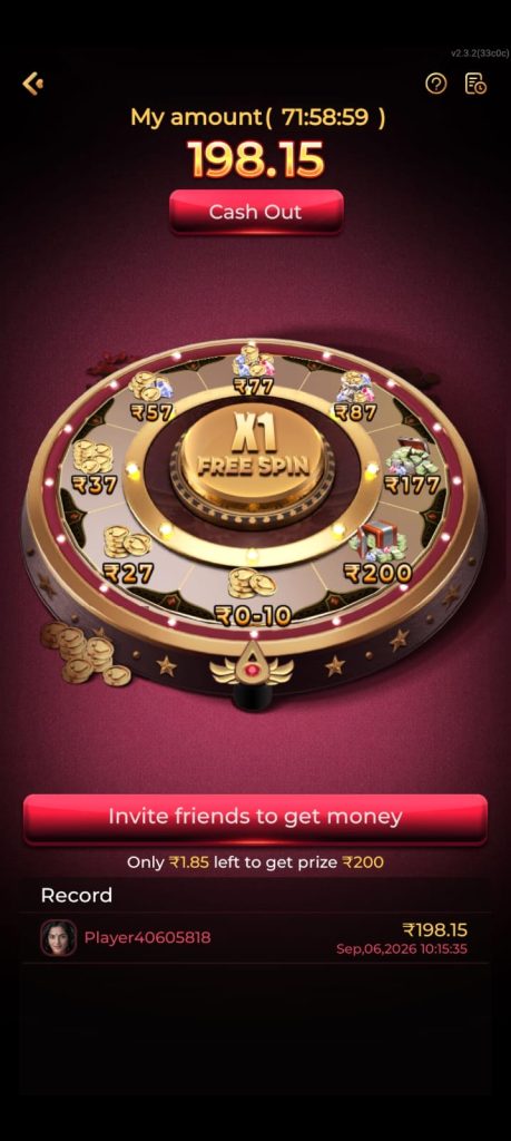 IND3 Game lucky wheel screen displaying reward amounts, free spin feature, cash balance and cash out option.