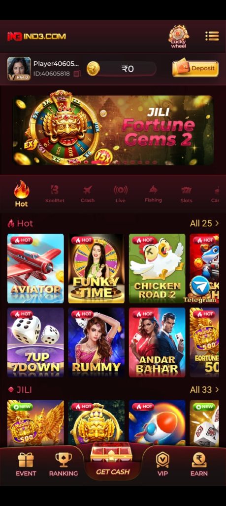 IND3 Game home screen showing a modern gaming interface with Hot Games, JILI games, slots, live gaming, deposit option and user account section.